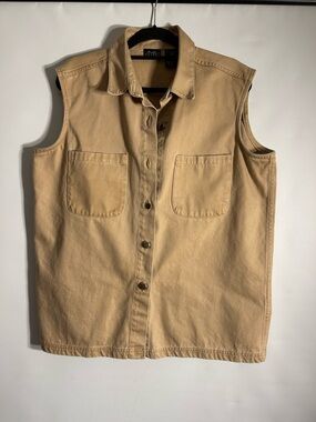 BOUTIQUE EUROPA 100% COTTON TAN SILVER TONE BUTTONS POCKETS FRONT WOMEN’S VEST L